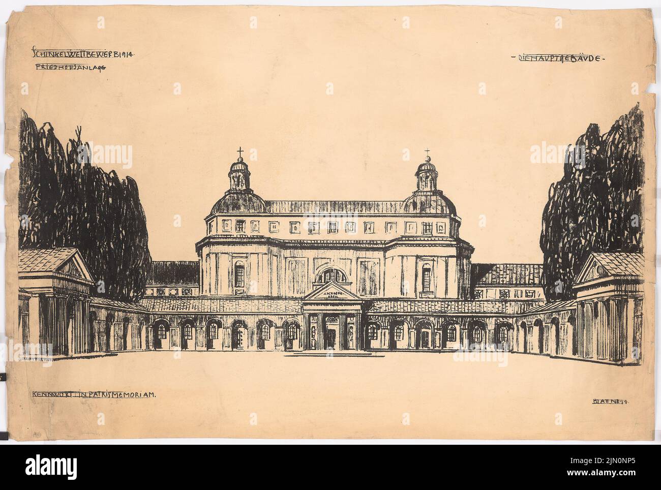 N.N., cimitero centrale di Grandstadt. Concorso Schinkel 1914: Prospettiva. Pressione su cartone, 84,2 x 125 cm (compreso il bordo di scansione). Museo dell'architettura dell'Università tecnica di Berlino Inv. N. SW-A 1914-16. N.B. : Großstädtischer Zentralfriedhof. Schinkelwettbewerb 1914 Foto Stock