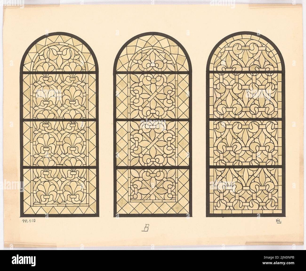 Architetto sconosciuto, disegni del pittore di vetro H. B. Beck per finestre, Horstmar (?) (Senza DAT.): Tre finestre in forma romanica 1:10 (firmato HL). Acquerello Tusche sulla scatola, 37,5 x 46 cm (compresi i bordi di scansione) N. : Entwürfe des Glasmalers H. B. Becks für Fenster, Horstmar (?) Foto Stock