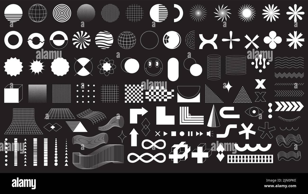 Un insieme di elementi grafici. Bauhaus e lo stile brutalistico ispirato. Elementi lineari astratti vettoriali e forme geometriche in grassetto. Ideale per poster, volantini, Illustrazione Vettoriale