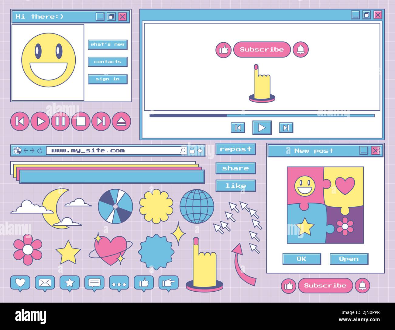 Un set di adesivi e icone in stile retrò vecchio computer. Elementi dell'interfaccia utente, finestre di dialogo, pulsanti del lettore. Oggetto di design nostalgico Y2K Illustrazione Vettoriale