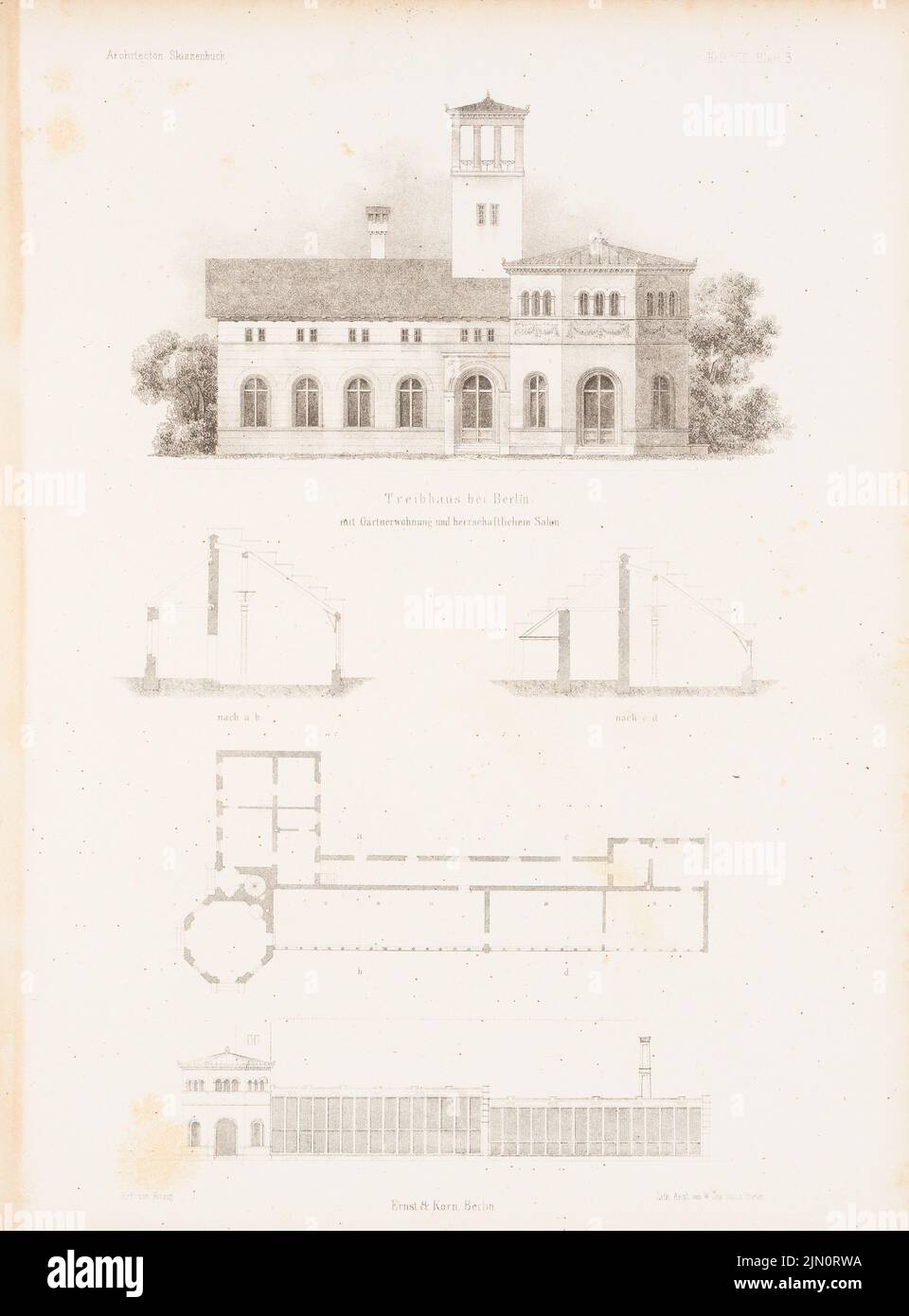 Hitzig Friedrich (1811-1881), serra con appartamento giardiniere, Berlino. (Da: Architectural sketchbook, H. 8, 1853.) (1853-1853): pianta del pavimento, viste, sezioni trasversali. Litografia su carta, 33,2 x 24,5 cm (compresi i bordi di scansione) Hitzig Friedrich (1811-1881): Treibhaus mit Gärtnerwohnung, Berlino. (Aus: Architektonisches Skizzenbuch, H. 8, 1853) Foto Stock
