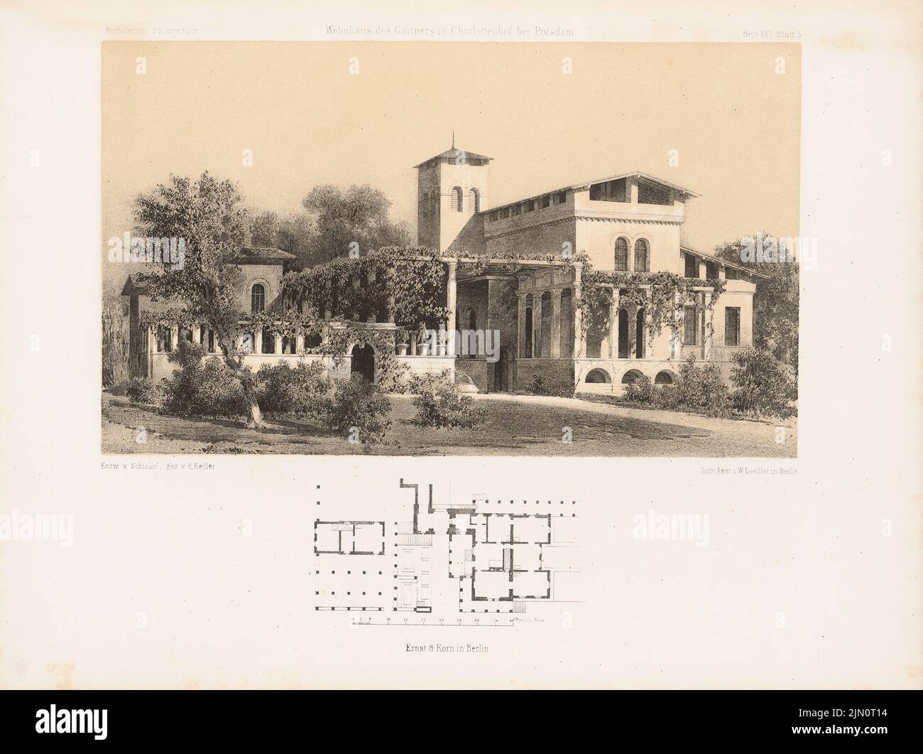Schinkel Karl Friedrich (1781-1841), Castello di Charlottenhof, Potsdam. (Da: Architectural sketchbook, H. 16, 1854.) (1854-1854): Grundriss, prospettiva Gärtnerhaus. Litografia colorata su carta, 24,8 x 33,2 cm (compresi i bordi di scansione) Schinkel Karl Friedrich (1781-1841): Wohnhaus des Gärtners im Park Charlottenhof, Potsdam. (Aus: Architektonisches Skizzenbuch, H. 16, 1854) Foto Stock