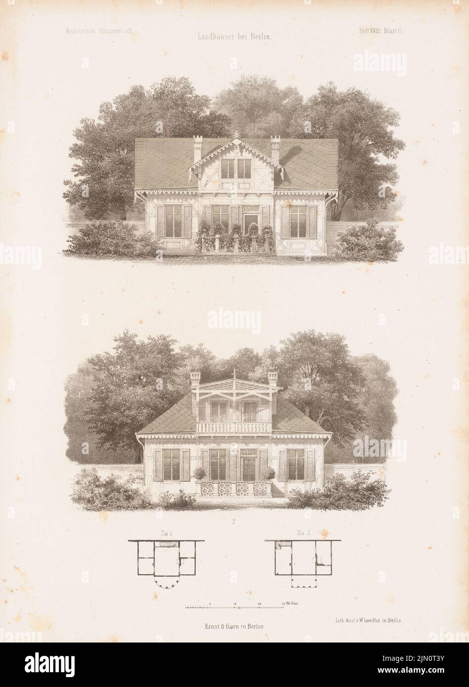 N.N., Landhäuser, Berlino. (Da: Architectural sketchbook, H. 18, 1854.) (1854-1854): piantine, viste. Litografia colorata su carta, 33,1 x 24,2 cm (compresi i bordi di scansione) N. : Landhäuser, Berlino. (Aus: Architektonisches Skizzenbuch, H. 18, 1854) Foto Stock