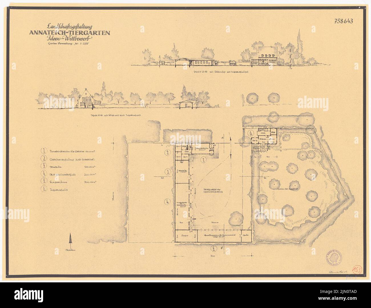 N.N., Annateich-Tiergarten, Hannover (senza data): Pianta, vista della gestione del giardino. Rottura leggera su carta, 62,9 x 82,5 cm (compresi i bordi di scansione) N. : Annateich-Tiergarten, Hannover Foto Stock