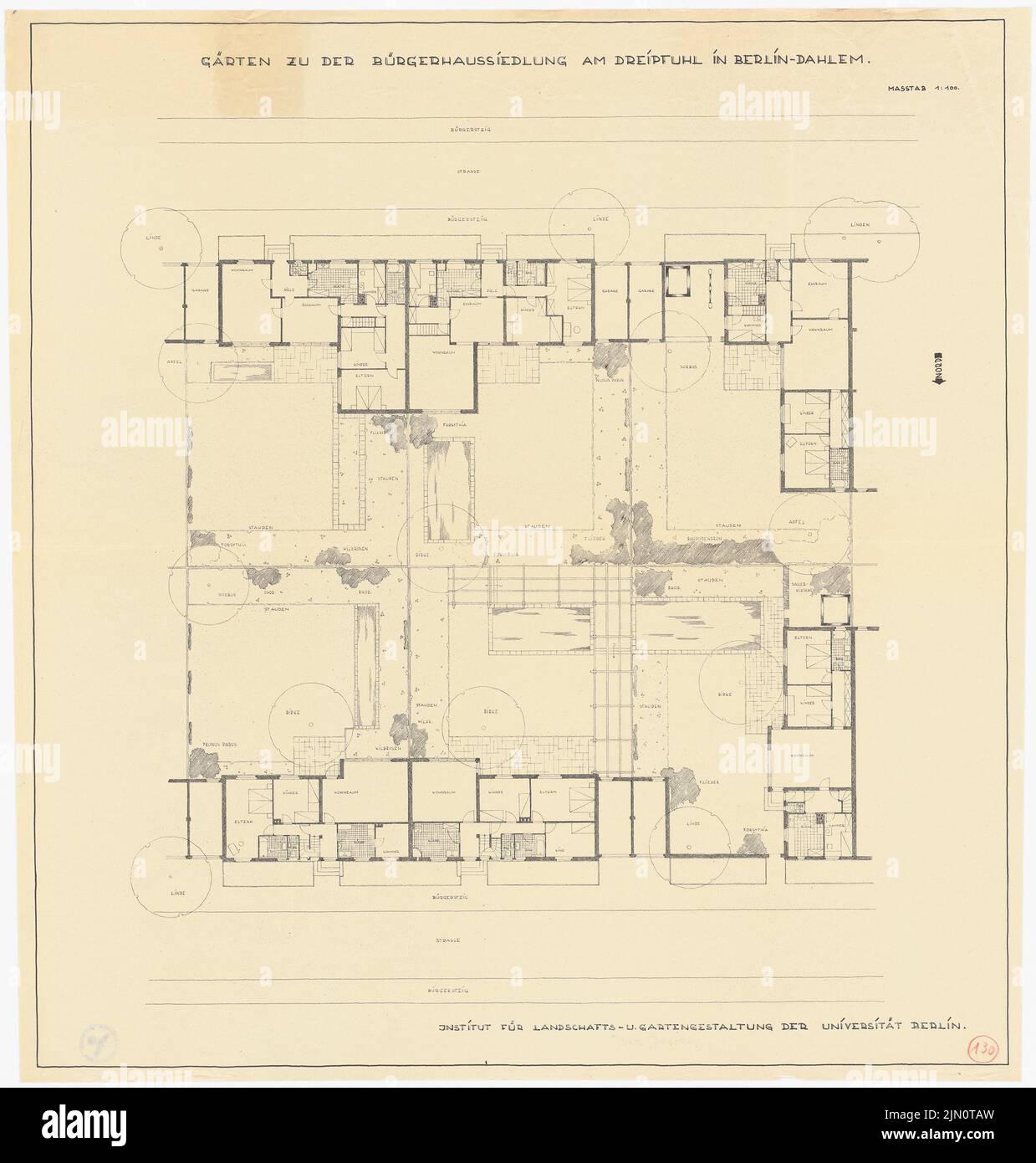 N.N., centro comunitario, Berlino-Dahlem (senza data): Pianta 1: 100. Matita su carta, 87,9 x 83,8 cm (compresi i bordi di scansione) N. : Bürgerhaussiedlung, Berlino-Dahlem Foto Stock