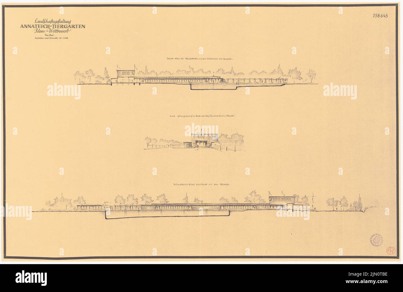 N.N., Annateich-Tiergarten, Hannover (senza data): Vista prospettica, viste 1: 200. Rottura leggera su carta, 73 x 111,2 cm (compresi i bordi di scansione) N. : Annateich-Tiergarten, Hannover Foto Stock