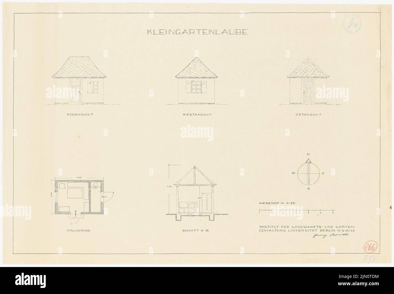 N.N., giardini di assegnazione (senza data): Pianta del pavimento, viste, taglio 1:50. Rottura leggera su carta, 43,5 x 64,3 cm (compresi i bordi di scansione) N. : Kleingartenlaube Foto Stock