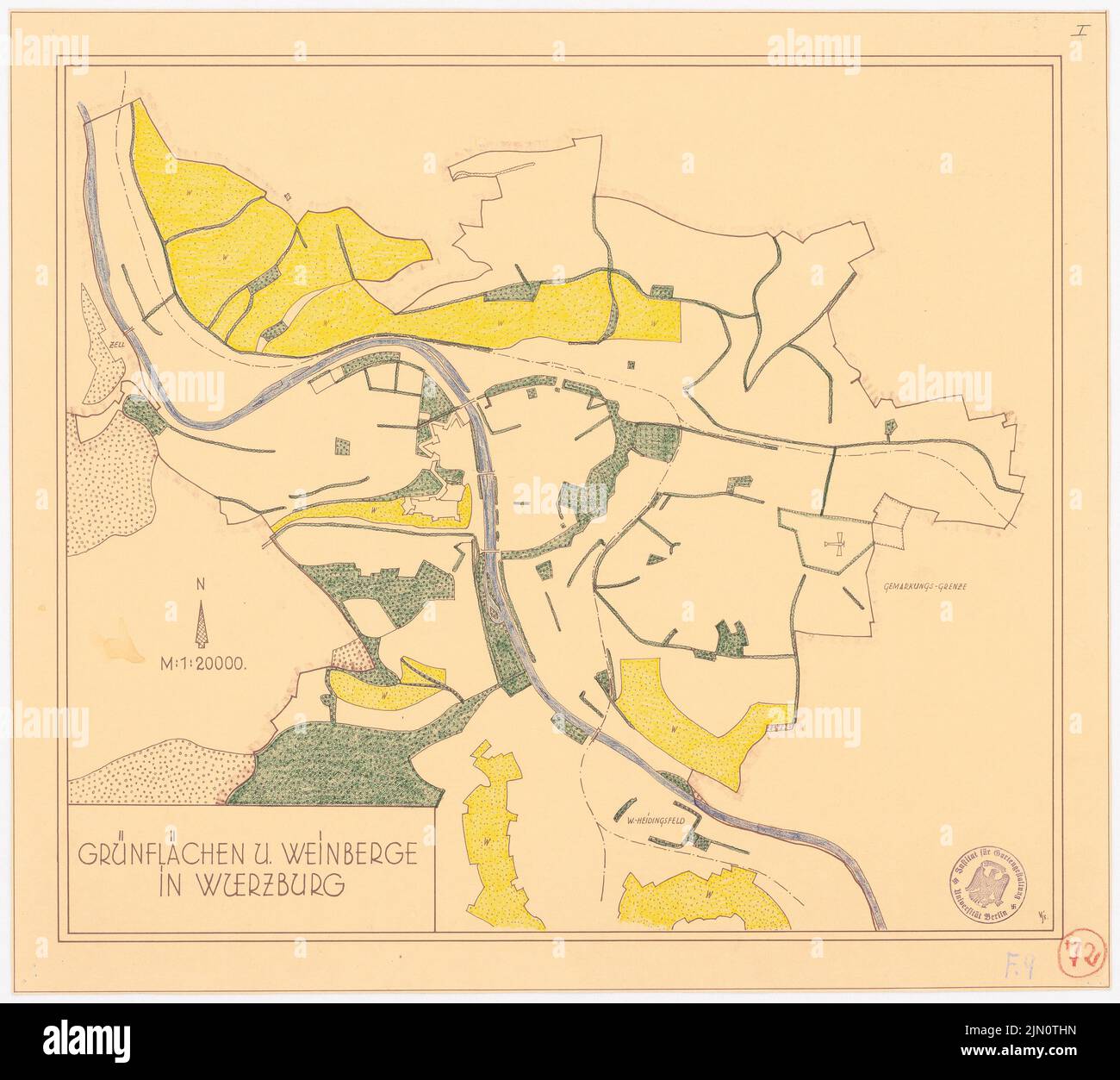 N.N., spazi verdi e vigneti, Würzburg (senza data): Pianta del sito 1: 20000. Matita colorata a rottura, 46,2 x 51,6 cm (compresi i bordi di scansione) N. : Grünflächen und Weinberge, Würzburg Foto Stock