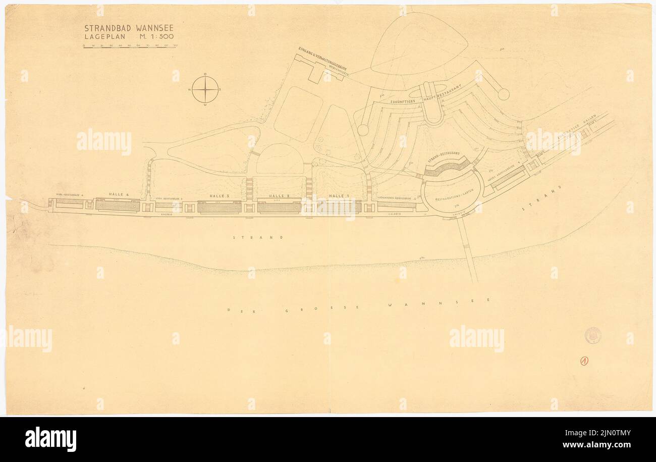 N.N., Strandbad Wannsee, Berlin-Zehlendorf: Pianta del sito 1: 500. Rottura leggera sulla carta, 90,1 x 141,9 cm (compreso il bordo di scansione). Museo dell'architettura dell'Università tecnica di Berlino Inv. N. IGG 1102. N.B. : Strandbad Wannsee, Berlino-Zehlendorf Foto Stock