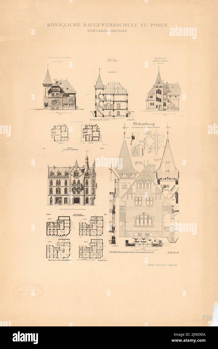 Miarka K., casa di campagna indipendente. Edilizia residenziale e commerciale (da: scuola reale di lavoro edilizia a Poznan, disegni degli studenti) (1899): Viste, tagli, piantine. Pressione su cartone, 47,8 x 31,9 cm (compresi i bordi di scansione) Miarka K. : Freistehendes Landhaus. Wohn- und Geschäftshaus (AUS: KGL. Baugewerkschule zu Posen, Schülerzeichnungen) Foto Stock