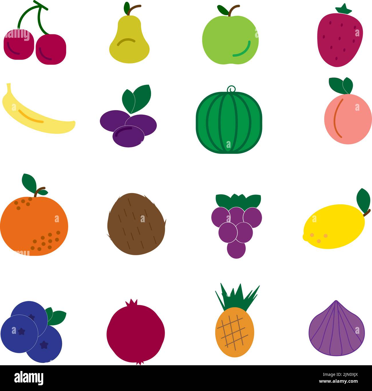 Frutta icone colorate set di sedici frutti. Concetto di cibo sano. Illustrazione vettoriale. Illustrazione Vettoriale