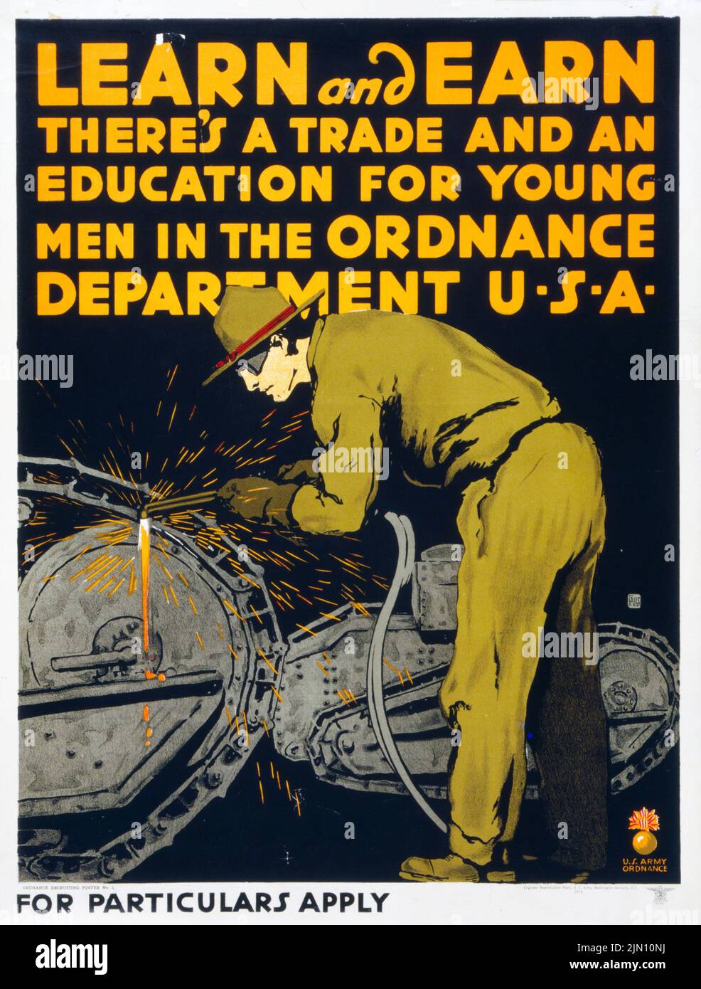 Impara e guadagna c’è un commercio e un’istruzione per i giovani uomini nel poster del Dipartimento di Ordnance U-S-A (1919) dell’era americana della prima Guerra Mondiale di Charles Buckles Falls Foto Stock
