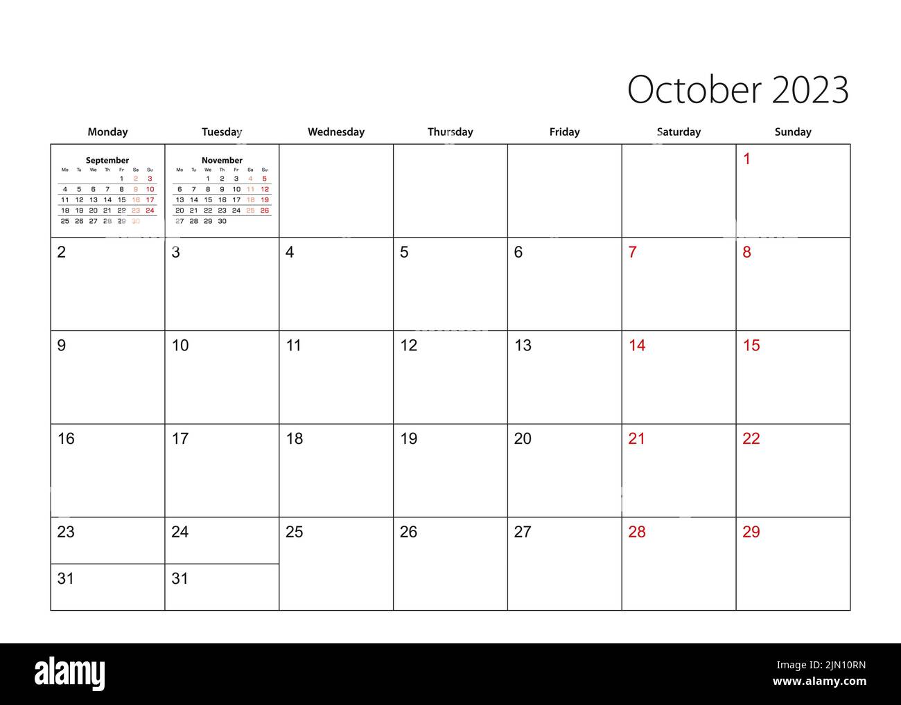 Ottobre 2023 semplice calendario di pianificazione, settimana a partire da Lunedi. Pianificatore di calendario vettoriale. Illustrazione Vettoriale