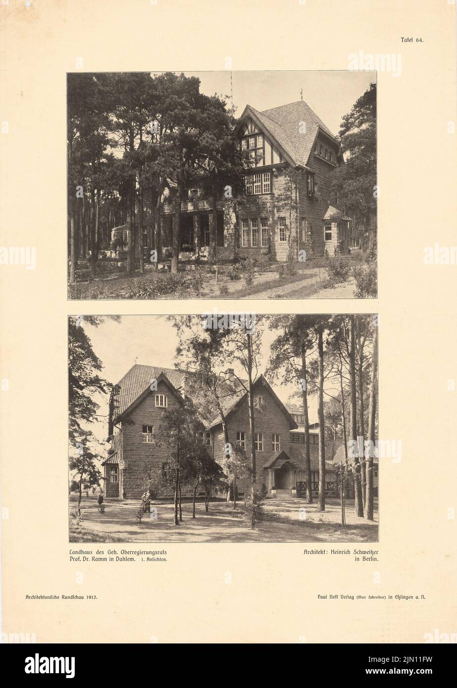 Schweitzer Heinrich (1871-1953), Landhaus Prof. Ramm, Berlino-Dahlem (1909-1910): Foglio con 2 foto di viste da: Architectural Rundschau 1912/Tafel 64. Foglio da rivista, 39,2 x 27,9 cm (compresi i bordi di scansione) Schweitzer Heinrich (1871-1953): Landhaus Prof. Ramm, Berlino-Dahlem Foto Stock