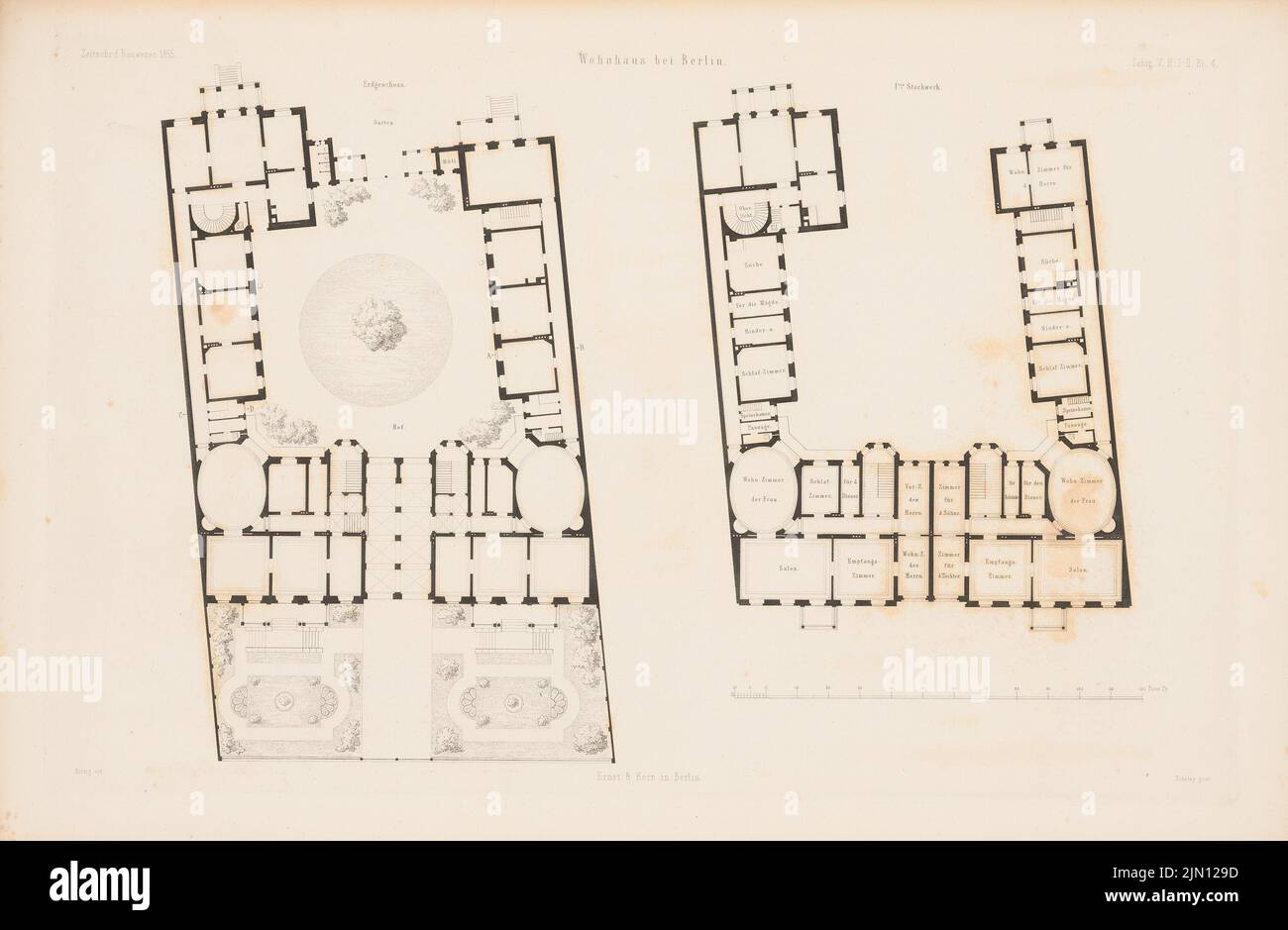 Hitzig Friedrich (1811-1881), edificio residenziale, Berlino. (Da: Atlas alla rivista for Building, ed. V. G. Erbkam, Jg. 5, 1855.) (1855-1855): Grundriss ad es., 1st uova. Cucire su carta, 29,3 x 44,8 cm (compresi i bordi di scansione) Hitzig Friedrich (1811-1881): Wohnhaus, Berlino. (Aus: Atlas zur Zeitschrift für Bauwesen, hrsg. v. G. Erbkam, Jg. 5, 1855) Foto Stock