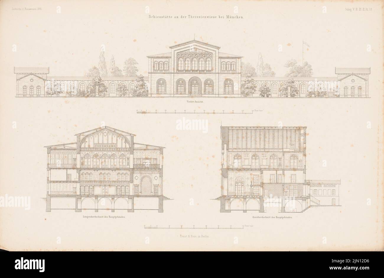 N.N., sito di tiro sul Theresienwiese, Monaco. (Da: Atlas alla rivista for Building, ed. V. G. Erbkam, Jg. 5, 1855.) (1855-1855): Vista frontale, sezione longitudinale, sezione trasversale. Cucire su carta, 29,4 x 45 cm (compresi i bordi di scansione) N. : Schießstätte an der Theresienwiese, München. (Aus: Atlas zur Zeitschrift für Bauwesen, hrsg. v. G. Erbkam, Jg. 5, 1855) Foto Stock