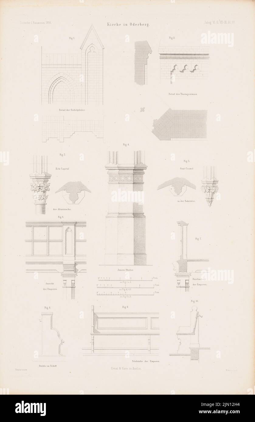 Stüler agosto (1800-1865), Chiesa, oderberg. (Da: Atlas alla rivista for Building, ed. V. G. Erbkam, Jg. 6, 1856.) (1856-1856): Dettagli. Cucire su carta, 45,4 x 29,3 cm (compresi i bordi di scansione) Stüler Friedrich agosto (1800-1865): Kirche, oderberg. (Aus: Atlas zur Zeitschrift für Bauwesen, hrsg. v. G. Erbkam, Jg. 6, 1856) Foto Stock