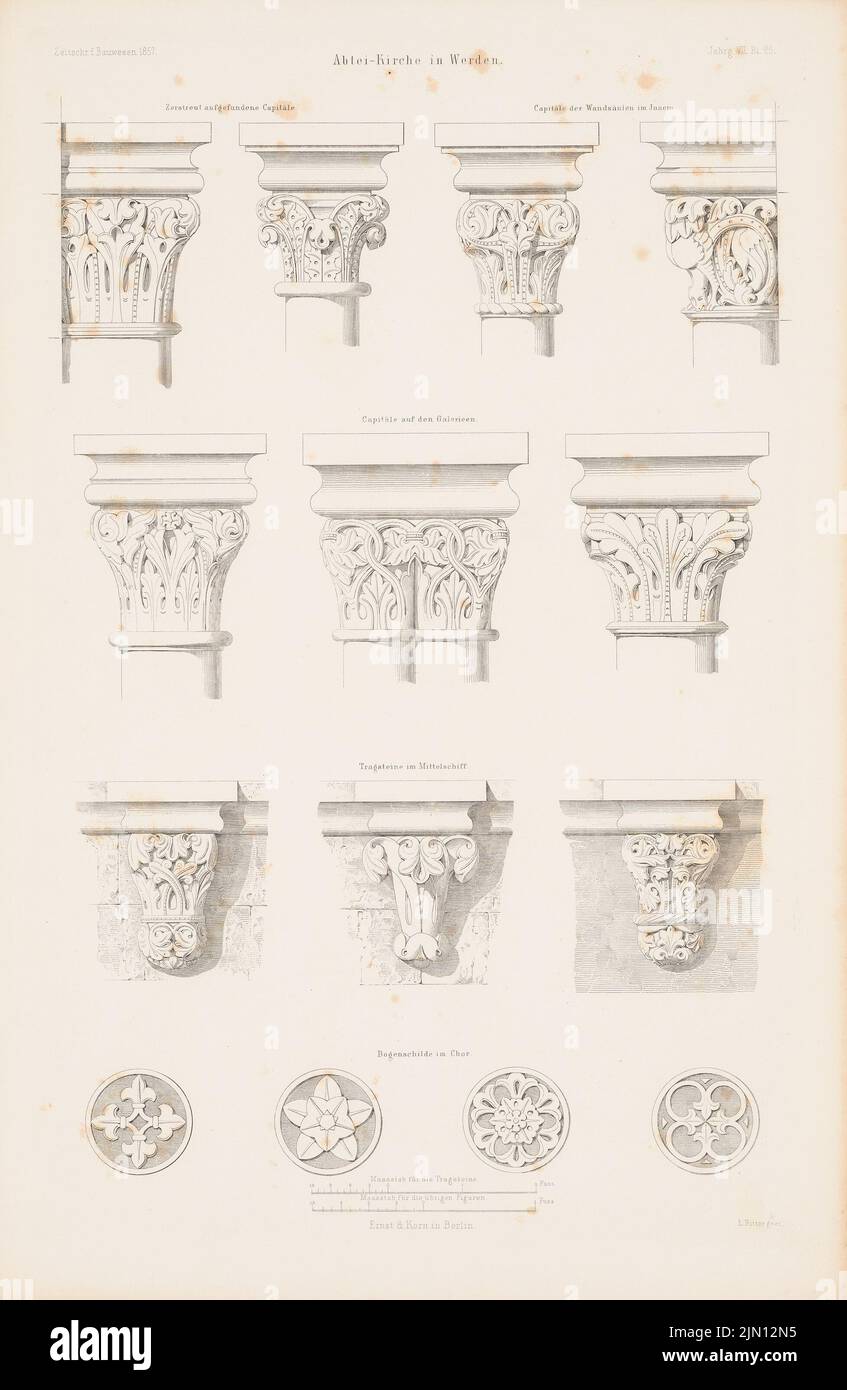 N.N., Chiesa dell'Abbazia, Essen-Werden. (Da: Atlas alla rivista for Building, ed. V. G. Erbkam, nata il 7, 1857.) (1857-1857): Viste console, capitelli, tiro con l'arco. Cucire su carta, 44,9 x 29,3 cm (compresi i bordi di scansione) N. : Abteikirche, Essen-Werden. (Aus: Atlas zur Zeitschrift für Bauwesen, hrsg. v. G. Erbkam, Jg. 7, 1857) Foto Stock