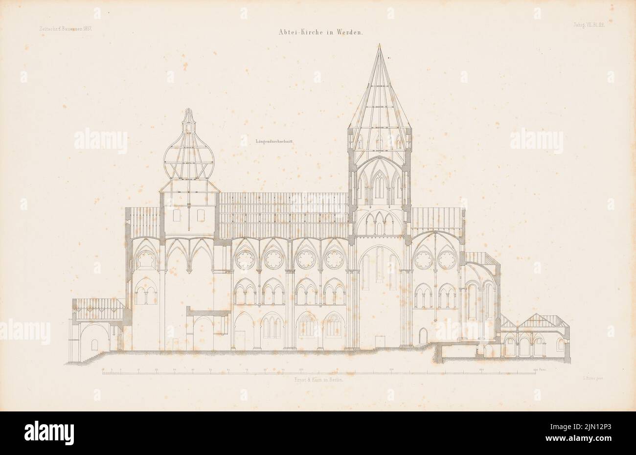 N.N., Chiesa dell'Abbazia, Essen-Werden. (Da: Atlas alla rivista for Building, ed. V. G. Erbkam, Jg. 7, 1857.) (1857-1857): Sezione longitudinale. Cucire su carta, 29,3 x 45,3 cm (compresi i bordi di scansione) N. : Abteikirche, Essen-Werden. (Aus: Atlas zur Zeitschrift für Bauwesen, hrsg. v. G. Erbkam, Jg. 7, 1857) Foto Stock