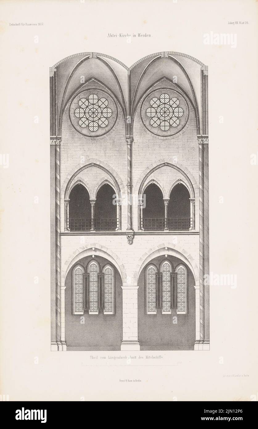 N.N., Chiesa dell'Abbazia, Essen-Werden. (Da: Atlas alla rivista for Building, ed. V. G. Erbkam, Jg. 7, 1857.) (1857-1857): Taglio longitudinale. Litografia su carta, 45,2 x 29,1 cm (compresi i bordi di scansione) N. : Abteikirche, Essen-Werden. (Aus: Atlas zur Zeitschrift für Bauwesen, hrsg. v. G. Erbkam, Jg. 7, 1857) Foto Stock