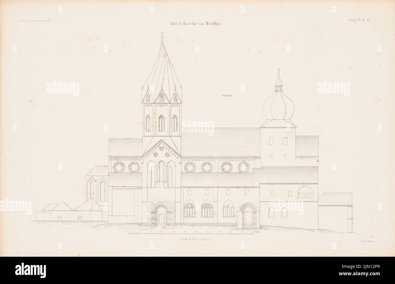N.N., Chiesa dell'Abbazia, Essen-Werden. (Da: Atlas alla rivista for Building, ed. V. G. Erbkam, Jg. 7, 1857.) (1857-1857): Vista. Cucire su carta, 29,4 x 45,1 cm (compresi i bordi di scansione) N. : Abteikirche, Essen-Werden. (Aus: Atlas zur Zeitschrift für Bauwesen, hrsg. v. G. Erbkam, Jg. 7, 1857) Foto Stock