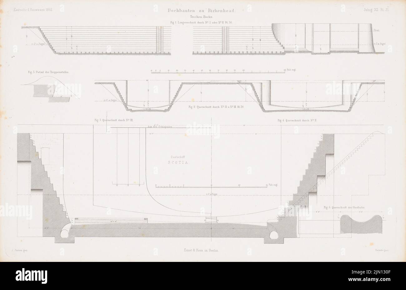 Just J., Dockbauten, Birkenhead. (Da: Atlas alla rivista for Building, ed. V. G. Erbkam, Jg. 12, 1862.) (1862-1862): Sezione longitudinale, sezione trasversale delle banchine secche, sezione trasversale della nave postale Scotia. Cucire su carta, 29,4 x 45,5 cm (compresi i bordi di scansione) Justen J. : Dockbauten, Birkenhead. (Aus: Atlas zur Zeitschrift für Bauwesen, hrsg. v. G. Erbkam, Jg. 12, 1862) Foto Stock