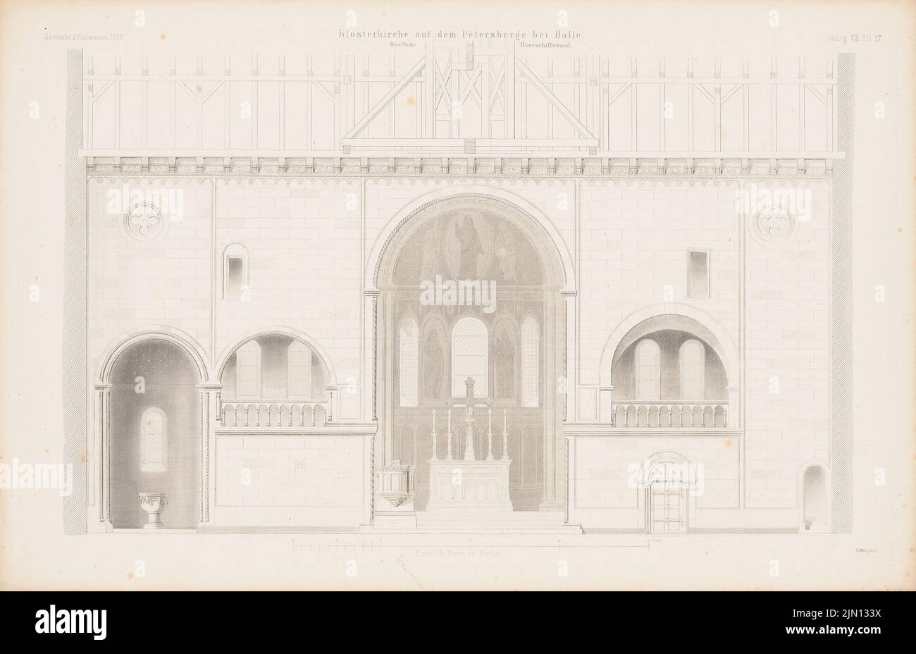 N.N., Klosterkirche sul Petersberg, Halle/Saale. (Da: Atlas alla rivista for Building, ed. V. G. Erbkam, Jg. 8, 1858.) (1858-1858): Vista interna dal muro orientale del transetto. Cucire su carta, 29,3 x 45,5 cm (compresi i bordi di scansione) N. : Klosterkirche auf dem Petersberg, Halle/Saale. (Aus: Atlas zur Zeitschrift für Bauwesen, hrsg. v. G. Erbkam, Jg. 8, 1858) Foto Stock