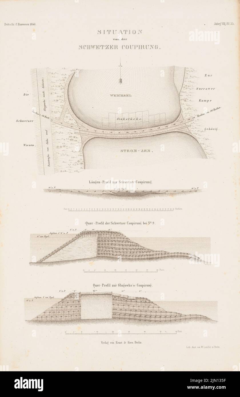 N.N., controllo Vistola. (Da: Atlas alla rivista for Building, ed. V. G. Erbkam, Jg. 8, 1858.) (1858-1858): Pianta del sito, sezione longitudinale, sezioni trasversali Schwetzer Kupation. Litografia colorata su carta, 44,7 x 28,9 cm (compresi i bordi di scansione) N. : Weichselstrom-Regulierung. (Aus: Atlas zur Zeitschrift für Bauwesen, hrsg. v. G. Erbkam, Jg. 8, 1858) Foto Stock