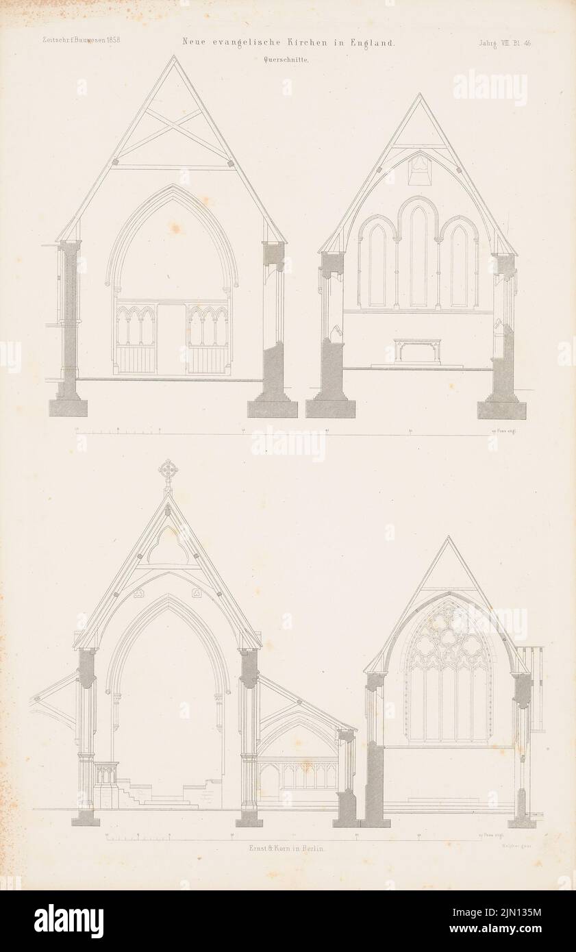 N.N., Chiese evangeliche in Inghilterra. (Da: Atlas alla rivista for Building, ed. V. G. Erbkam, Jg. 8, 1858.) (1858-1858): sezioni trasversali. Cucire su carta, 45,1 x 29,2 cm (compresi i bordi di scansione) N. : Evangelische Kirchen in Inghilterra. (Aus: Atlas zur Zeitschrift für Bauwesen, hrsg. v. G. Erbkam, Jg. 8, 1858) Foto Stock