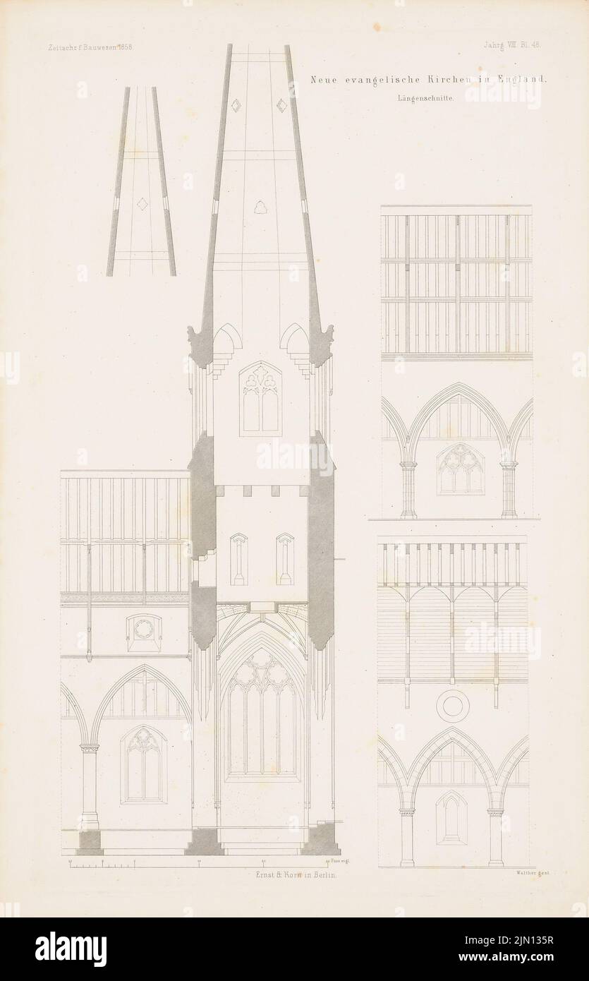 N.N., Chiese evangeliche in Inghilterra. (Da: Atlas alla rivista for Building, ed. V. G. Erbkam, Jg. 8, 1858.) (1858-1858): Sezioni longitudinali. Cucire su carta, 45,1 x 29 cm (compresi i bordi di scansione) N. : Evangelische Kirchen in Inghilterra. (Aus: Atlas zur Zeitschrift für Bauwesen, hrsg. v. G. Erbkam, Jg. 8, 1858) Foto Stock