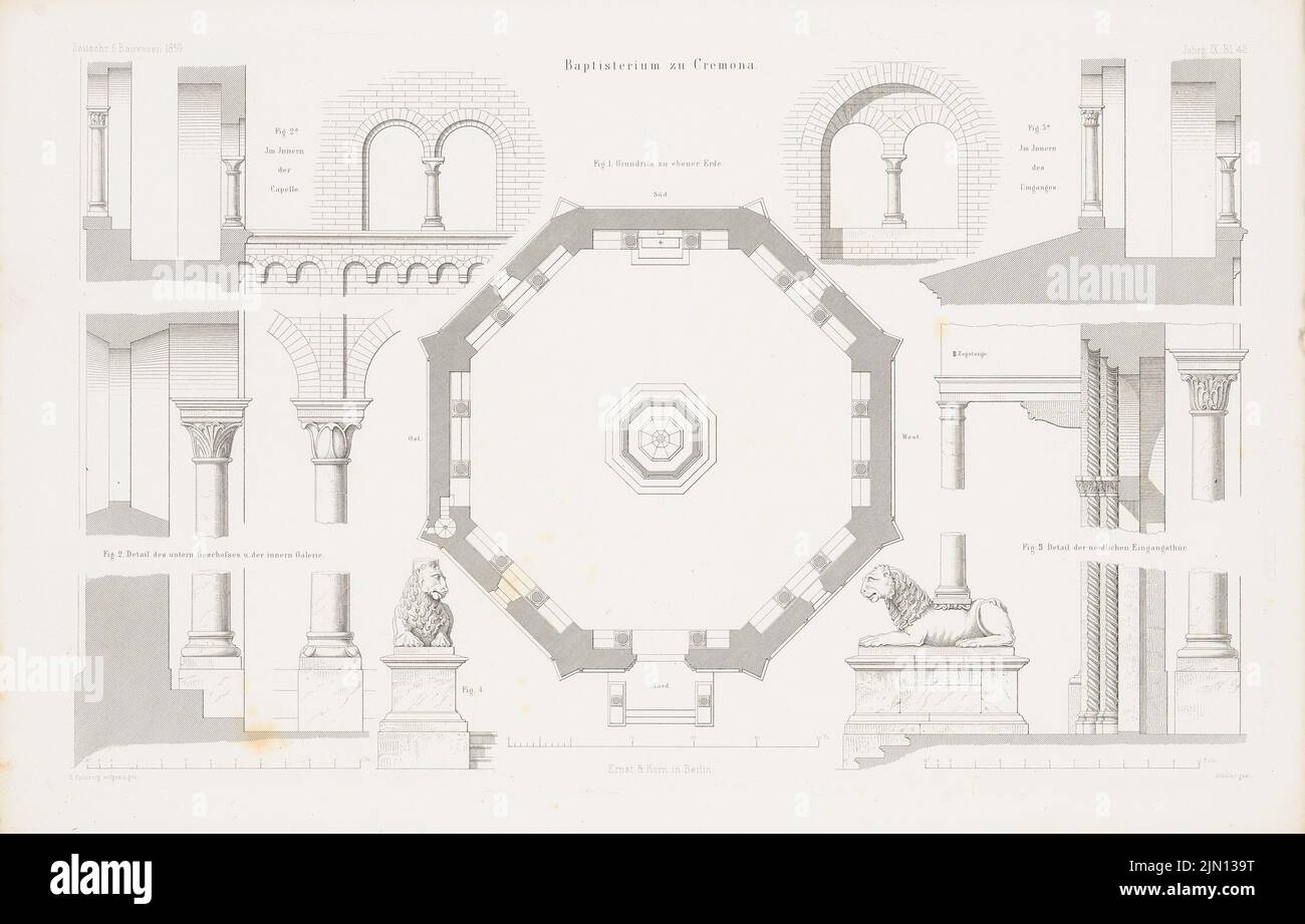 Spielberg Herrmann (1827-1886), Battistero della Cattedrale di Cremona. (Da: Atlas alla rivista for Building, ed. V. G. Erbkam, Jg. 9, 1859.) (1859-1859): pianta, dettagli. Cucire su carta, 29 x 45,4 cm (compresi i bordi di scansione) Spielberg Herrmann (1827-1886): Baptisterium des Doms, Cremona. (Aus: Atlas zur Zeitschrift für Bauwesen, hrsg. v. G. Erbkam, Jg. 9, 1859) Foto Stock