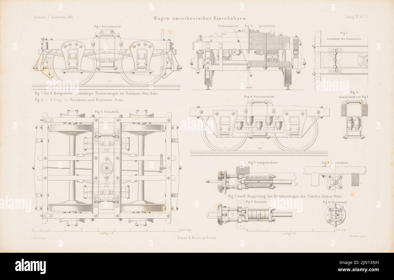 Bendel A., veicoli ferroviari americani. (Da: Atlas alla rivista for Building, ed. V. G. Erbkam, nata il 11, 1861.) (1861-1861): pianta del pavimento, viste laterali, tagli, dettagli. Cucire su carta, 29,1 x 45,2 cm (compresi i bordi di scansione) Bendel A. : amerikanische Eisenbahnfahrzeuge. (Aus: Atlas zur Zeitschrift für Bauwesen, hrsg. v. G. Erbkam, Jg. 11, 1861) Foto Stock