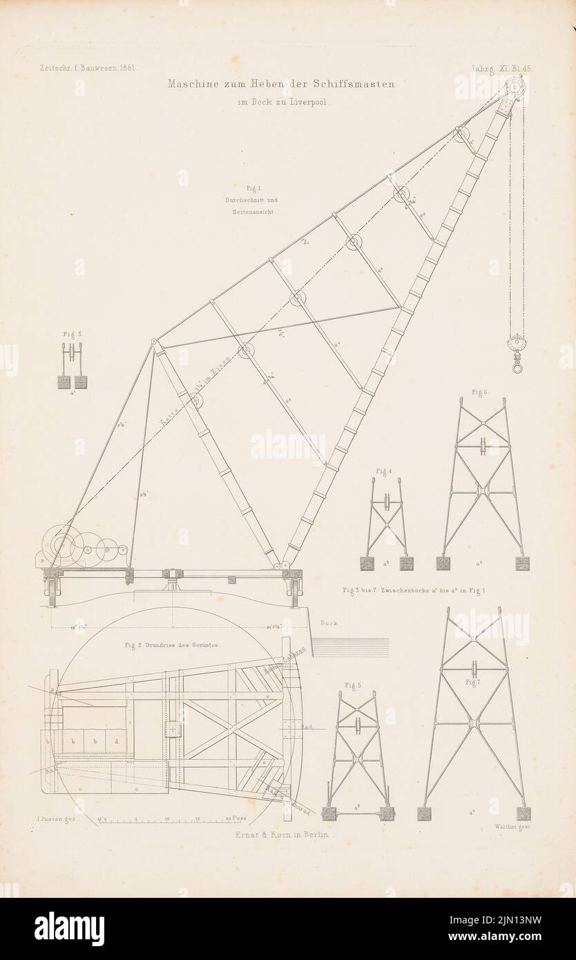 Just J., lifting machine in the Harbour, Liverpool, (da: Atlas alla rivista for Building, ed. V. G. Erbkam, nata il 11, 1861.) (1861-1861): pianta, taglio, dettagli. Cucire su carta, 45 x 28,9 cm (compresi i bordi di scansione) Justen J. : Hebemaschine im Hafen, Liverpool, (Aus: Atlas zur Zeitschrift für Bauwesen, hrsg. v. G. Erbkam, Jg. 11, 1861) Foto Stock