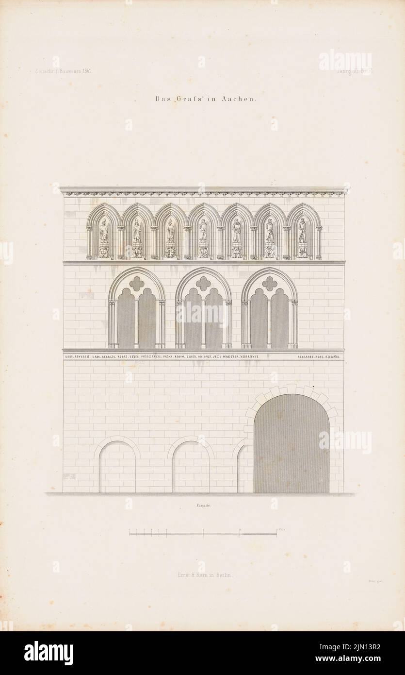 N.N., il 'Grass' (vecchio municipio), Aquisgrana. (Da: Atlas alla rivista for Building, ed. V. G. Erbkam, Jg. 11, 1861.) (1861-1861): Vista. Cucire su carta, 45,3 x 29,1 cm (compresi i bordi di scansione) N. : Das »Grass« (Altes Rathaus), Aachen. (Aus: Atlas zur Zeitschrift für Bauwesen, hrsg. v. G. Erbkam, Jg. 11, 1861) Foto Stock