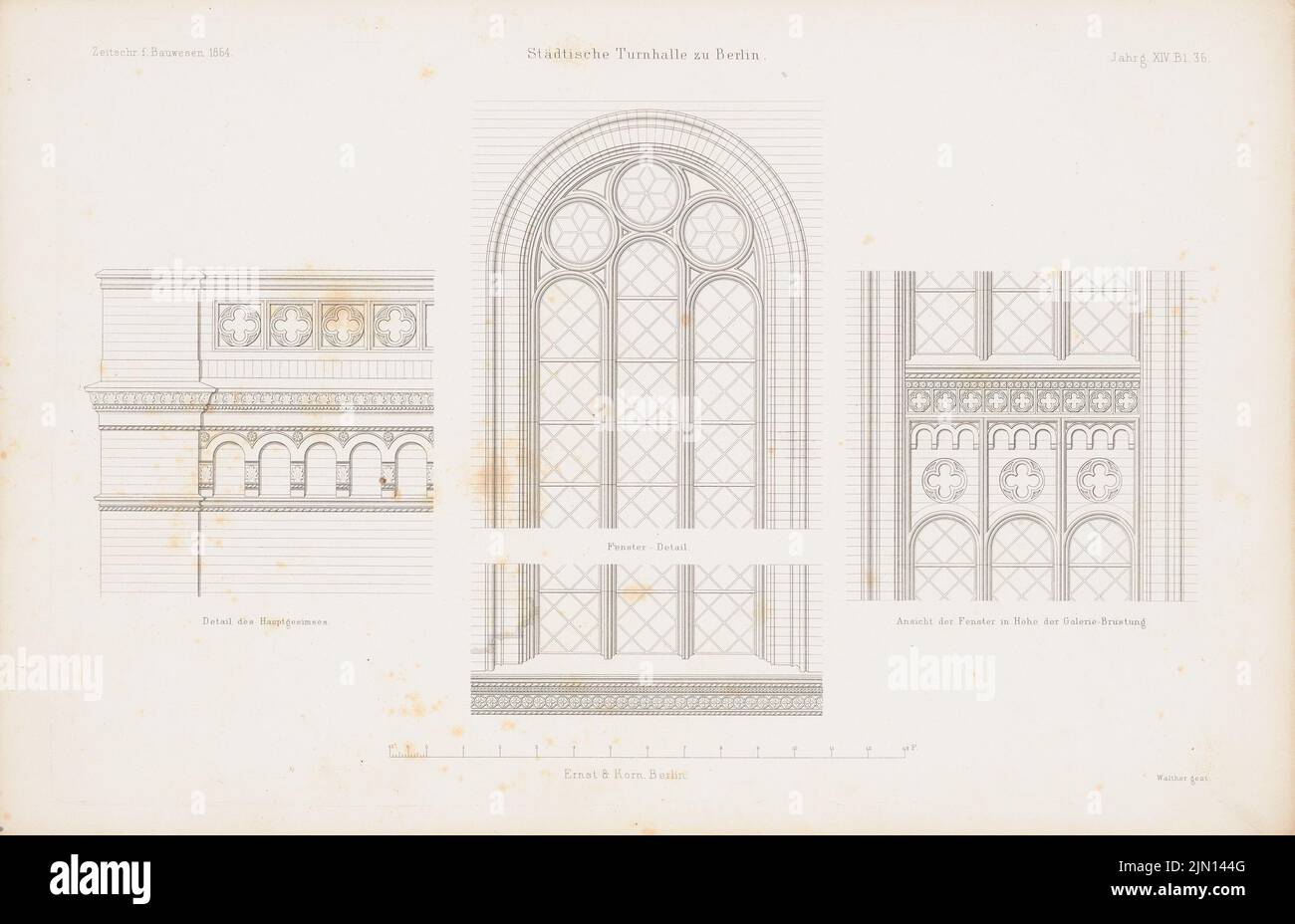 N.N., palestra comunale, Berlino. (Da: Atlas alla rivista for Building, ed. V. G. Erbkam, Jg. 14, 1864.) (1864-1864): Dettagli. Cucire su carta, 29,2 x 45,2 cm (compresi i bordi di scansione) N. : Städtische Turnhalle, Berlino. (Aus: Atlas zur Zeitschrift für Bauwesen, hrsg. v. G. Erbkam, Jg. 14, 1864) Foto Stock