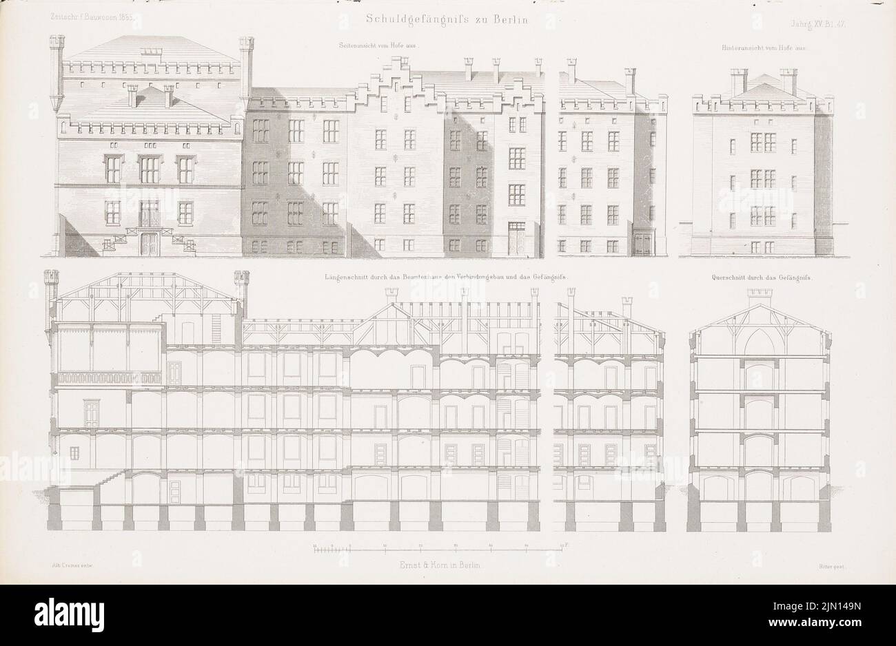 Cremer Albert Friedrich (1824-1891), prigione del debito, Berlino. (Da: Atlas alla rivista for Building, ed. V. G. Erbkam, Jg. 15, 1865.) (1865-1865): vista laterale, vista da dietro, taglio longitudinale della casa degli impiegati, sezione trasversale. Cucire su carta, 28,5 x 43,7 cm (compresi i bordi di scansione) Cremer Albert Friedrich (1824-1891): Schuldgefängnis, Berlino. (Aus: Atlas zur Zeitschrift für Bauwesen, hrsg. v. G. Erbkam, Jg. 15, 1865) Foto Stock