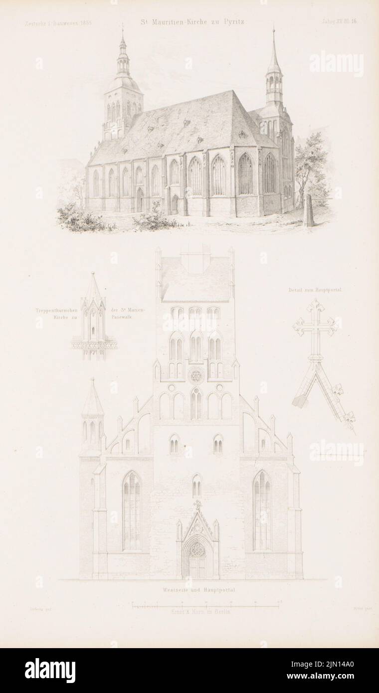 Lüdecke Carl Johann Bogislaw (1826-1894), San Maurizio in Pyritz. (Da: Atlas alla rivista for Building, ed. V. G. Erbkam, Jg. 15, 1865.) (1865-1865): Vista prospettica, vista dell'ovest, dettagli. Cucire su carta, 43,8 x 25,6 cm (compresi i bordi di scansione) Lüdecke Carl Johann Bogislaw (1826-1894): St. Mauritius, Pyritz. (Aus: Atlas zur Zeitschrift für Bauwesen, hrsg. v. G. Erbkam, Jg. 15, 1865) Foto Stock