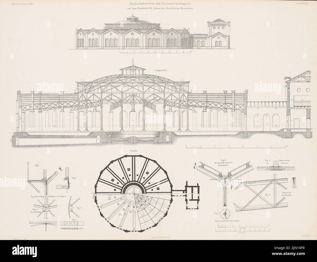 Swedler Johann Wilhelm (1823-1894), stazione di St. Johann, Saarbrücken. (Da: Atlas alla rivista for Building, ed. V. G. Erbkam, Jg. 16, 1866): pianta del pavimento, vista, sezione longitudinale, dettagli. Cucitura su carta, 43,8 x 57,9 cm (compreso il bordo di scansione). Museo dell'architettura dell'Università tecnica di Berlino Inv. N. ZFB 16,013. Schwedler Johann Wilhelm (1823-1894): Bahnhof St. Johann, Saarbrücken. (Aus: Atlas zur Zeitschrift für Bauwesen, hrsg. v. G. Erbkam, Jg. 16, 1866) Foto Stock