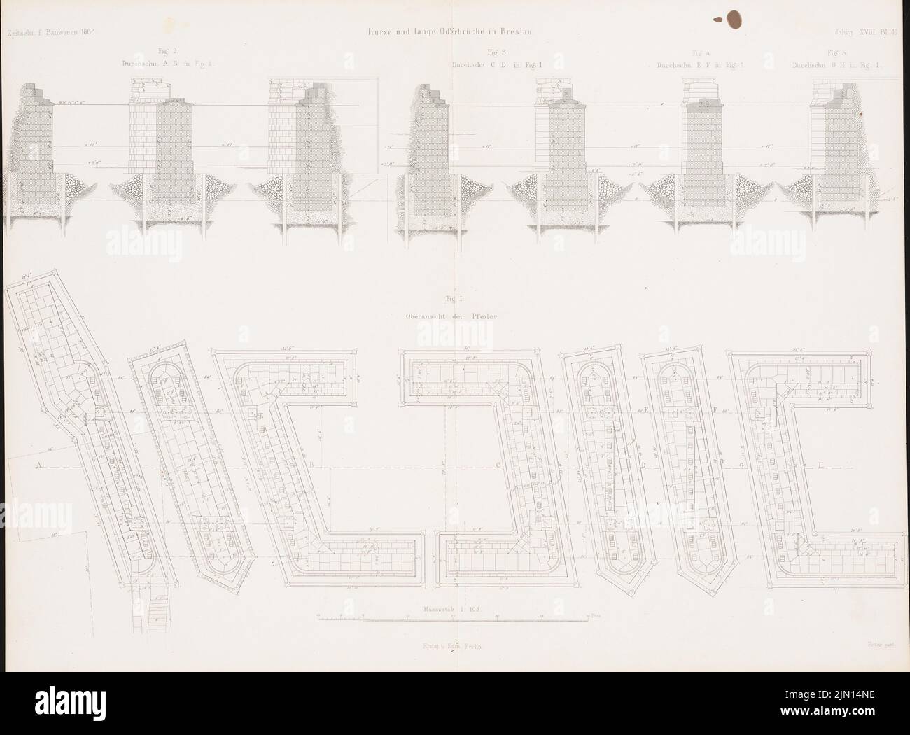 Swedler Johann Wilhelm (1823-1894), Oderbrücke corto e lungo, Wroclaw. (Da: Atlas alla rivista for Building, ed. V. G. Erbkam, nata il 18, 1869.) (1868-1868): Viste, tagli pilastri ponte. Cucire su carta, 43,3 x 58,6 cm (compresi i bordi di scansione) Schwedler Johann Wilhelm (1823-1894): Kurze und Lange Oderbrücke, Breslau. (Aus: Atlas zur Zeitschrift für Bauwesen, hrsg. v. G. Erbkam, Jg. 18, 1868) Foto Stock