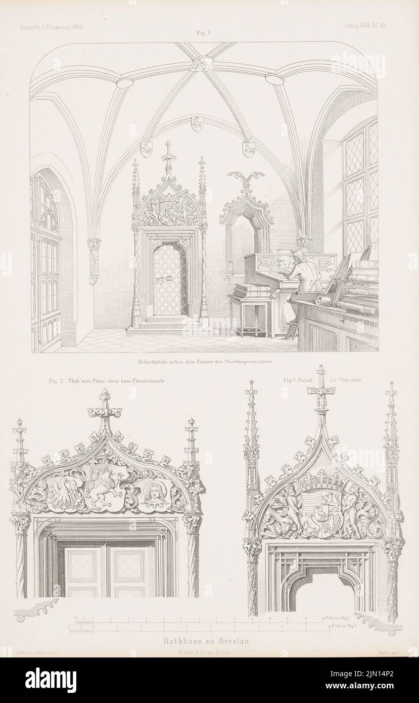 Lüdecke Carl Johann Bogislaw (1826-1894), municipio, Breslavia. (Da: Atlas alla rivista for Building, ed. V. G. Erbkam, Jg. 18, 1869.) (1868-1868): Vista prospettica interna, dettagli della stanza di scrittura. Cucire su carta, 44,2 x 28,2 cm (compresi i bordi di scansione) Lüdecke Carl Johann Bogislaw (1826-1894): Rathaus, Breslau. (Aus: Atlas zur Zeitschrift für Bauwesen, hrsg. v. G. Erbkam, Jg. 18, 1868) Foto Stock