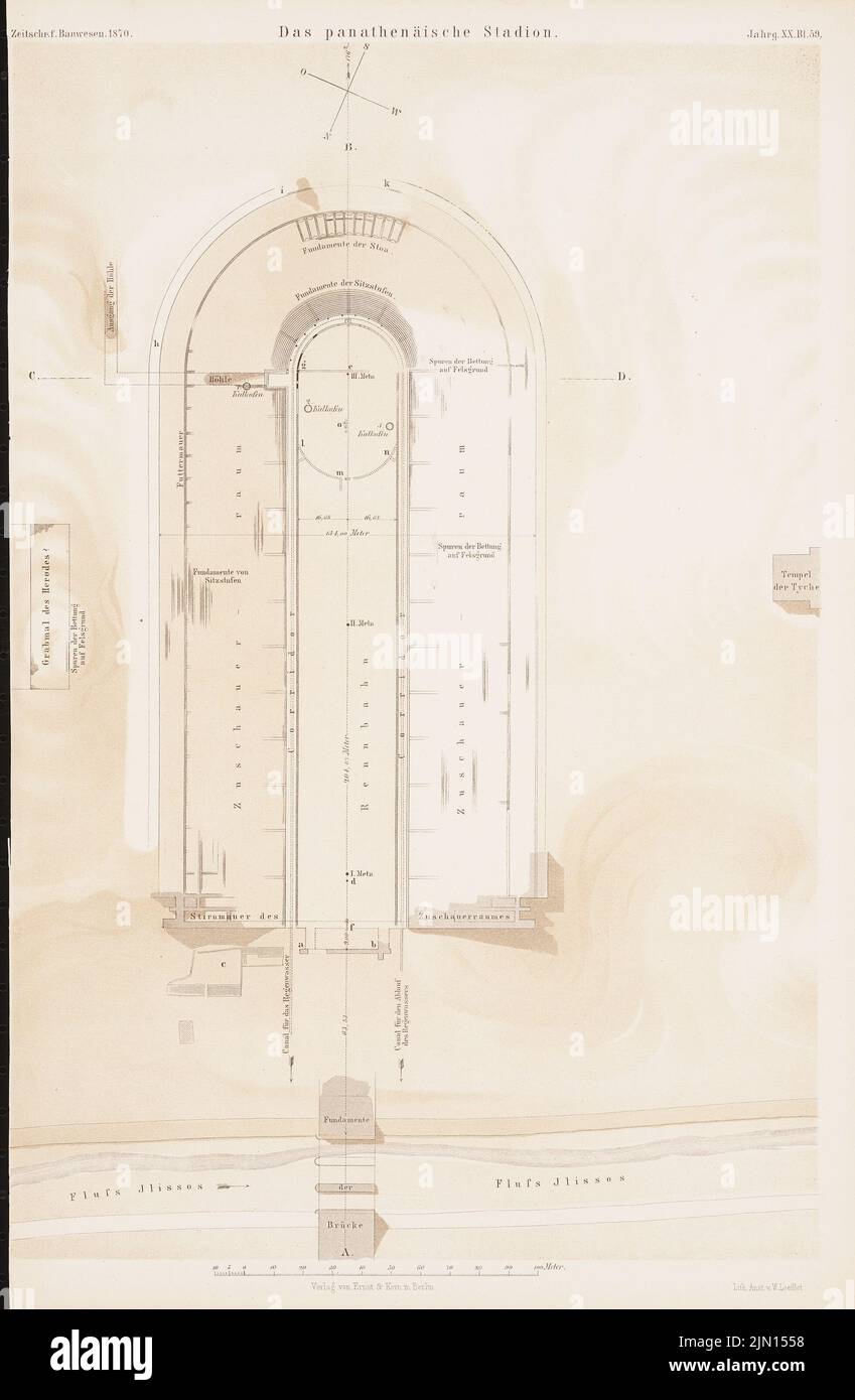 N.N., lo stadio Panathenean. (Da: Atlas alla rivista for Building, ed. V. G. Erbkam, Jg. 20, 1870.) (1870-1870): pianta. Litografia colorata su carta, 44,2 x 28,9 cm (compresi i bordi di scansione) N. : Das panathenäische Stadion. (Aus: Atlas zur Zeitschrift für Bauwesen, hrsg. v. G. Erbkam, Jg. 20, 1870) Foto Stock