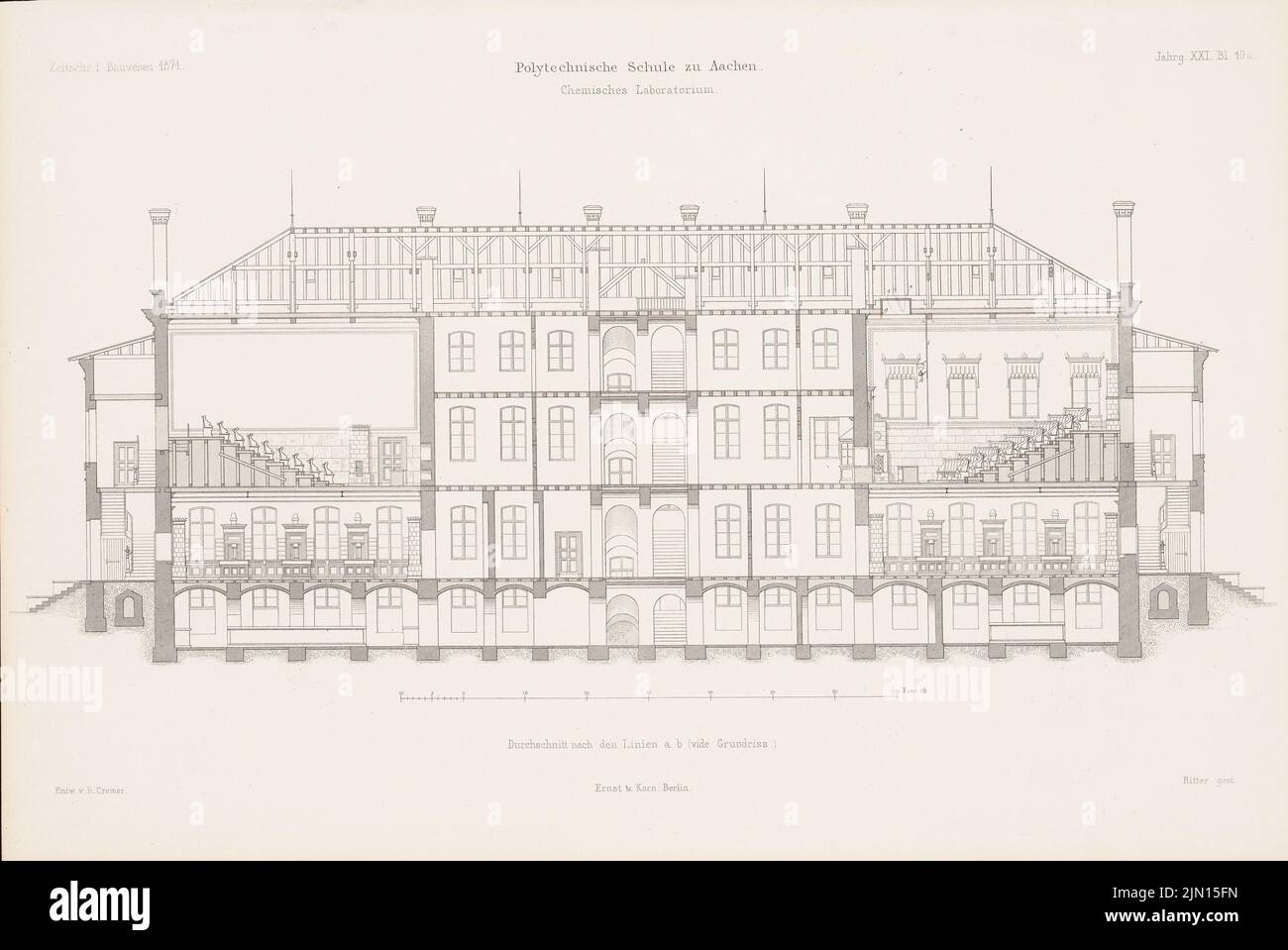 N.N., Scuola Politecnica, Aquisgrana. (Da: Atlas alla rivista for Building, ed. V. G. Erbkam, Jg. 21, 1871.) (1871-1871): Taglia Un laboratorio B. Cucire su carta, 29,4 x 43,9 cm (compresi i bordi di scansione) Cremer Robert (1826-1882): Polytechnische Schule, Aquisgrana. (Aus: Atlas zur Zeitschrift für Bauwesen, hrsg. v. G. Erbkam, Jg. 21, 1871) Foto Stock