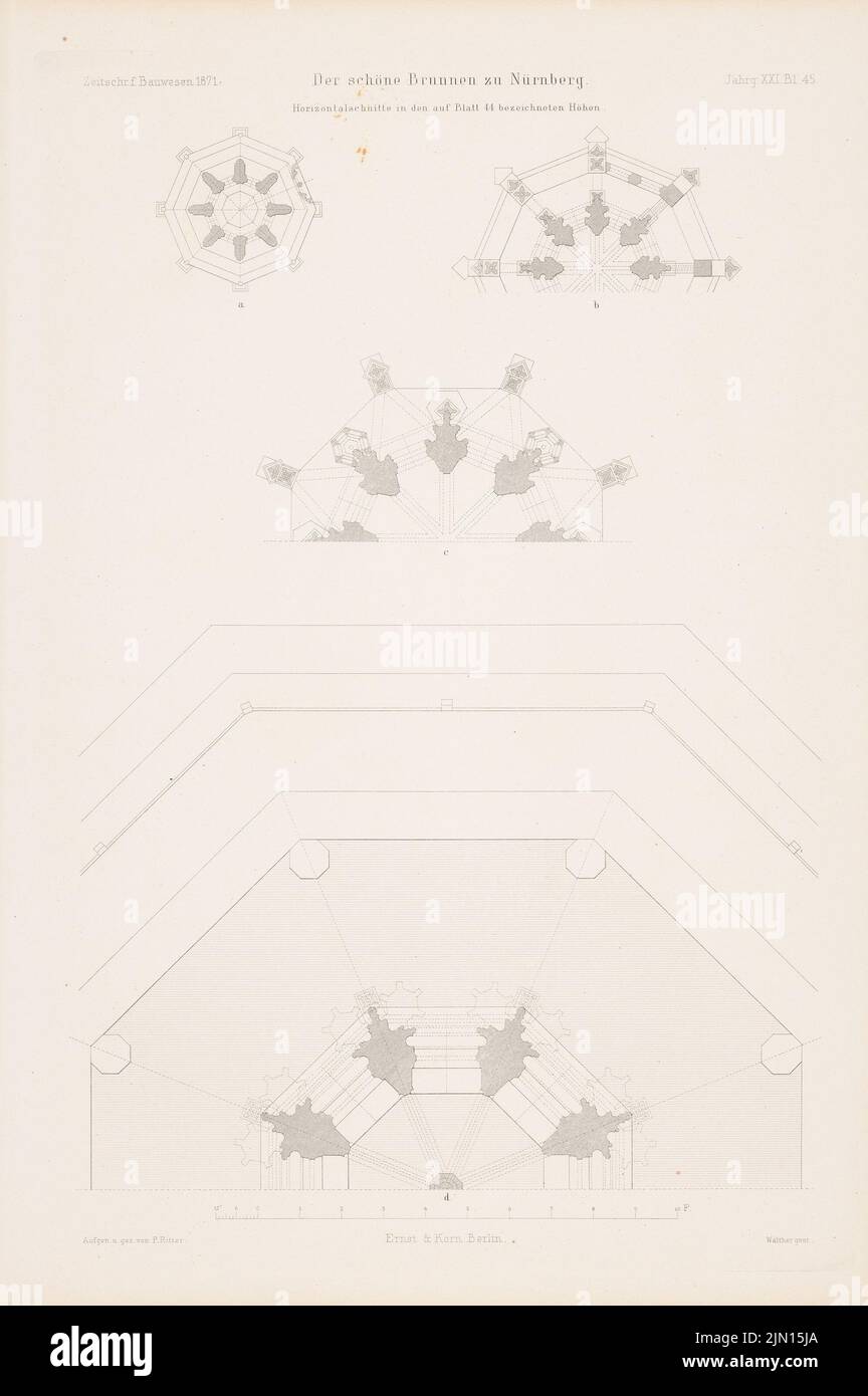 Ritter P., la bella fontana, Norimberga. (Da: Atlas alla rivista for Building, ed. V. G. Erbkam, Jg. 21, 1871.) (1871-1871): Tagli orizzontali. Cucire su carta, 43,8 x 29,1 cm (compresi i bordi di scansione) Ritter Paul (1829-1907): Der Schöne Brunnen, Nürnberg. (Aus: Atlas zur Zeitschrift für Bauwesen, hrsg. v. G. Erbkam, Jg. 21, 1871) Foto Stock