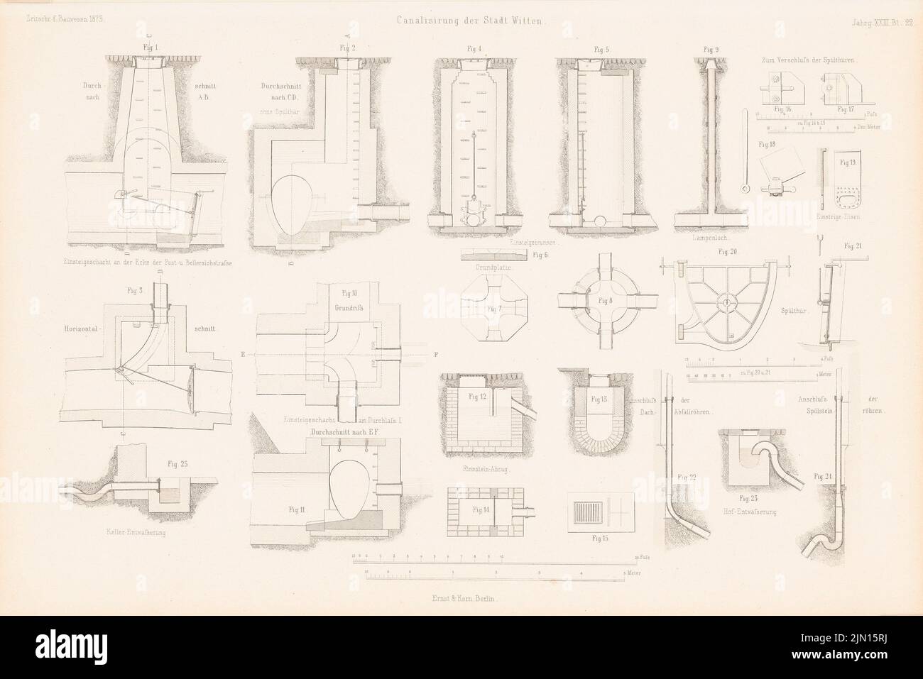 N.N., sistema fognario, Witten. (Da: Atlas alla rivista for Building, ed. V. G. Erbkam, Jg. 23, 1873.) (1873-1873): Dettagli. Cucire su carta, 29,6 x 44,3 cm (compresi i bordi di scansione) N. : Kanalisierungsanlage, Witten. (Aus: Atlas zur Zeitschrift für Bauwesen, hrsg. v. G. Erbkam, Jg. 23, 1873) Foto Stock
