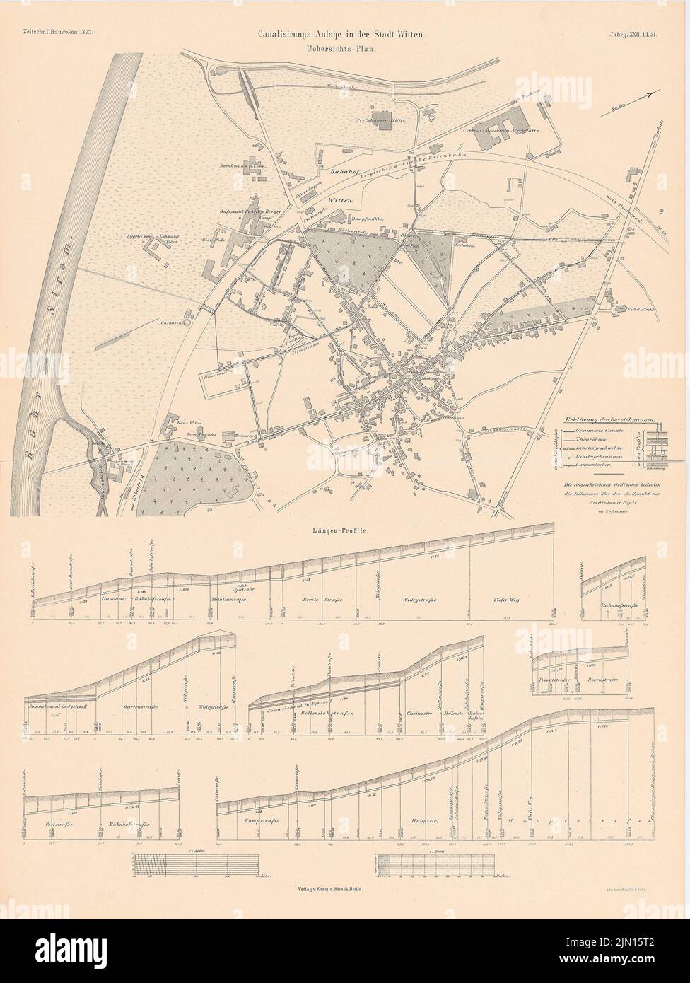 N.N., sistema fognario, Witten. (Da: Atlas alla rivista for Building, ed. V. G. Erbkam, Jg. 23, 1873.) (1873-1873): Pianta del sito, tagli. Litografia su carta, 59,3 x 44,6 cm (compresi i bordi di scansione) N. : Kanalisierungsanlage, Witten. (Aus: Atlas zur Zeitschrift für Bauwesen, hrsg. v. G. Erbkam, Jg. 23, 1873) Foto Stock