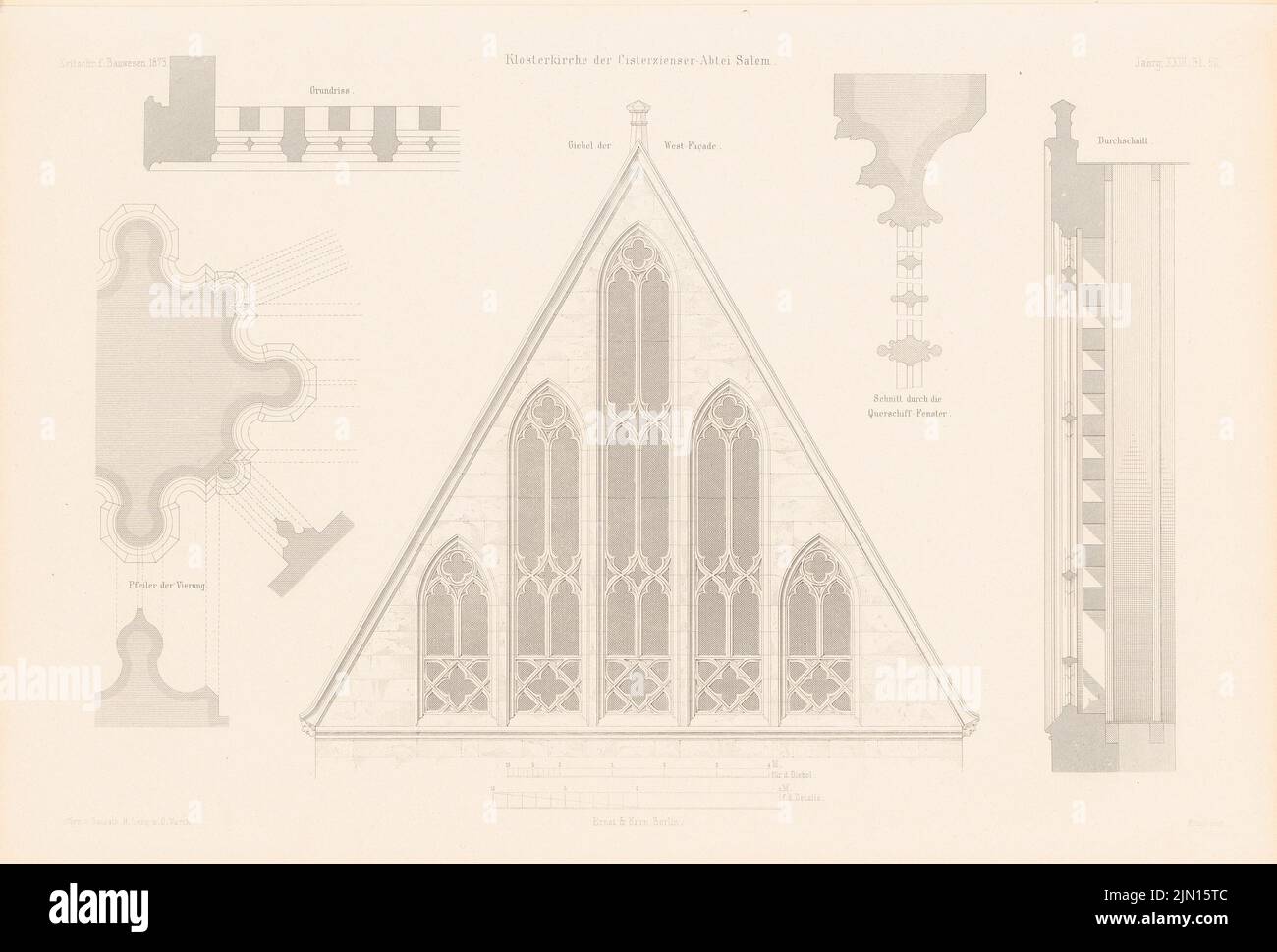 Lang & Warth, chiesa del monastero dell'Abbazia cistercense, Salem. (Da: Atlas alla rivista for Building, ed. V. G. Erbkam, Jg. 23, 1873.) (1873-1873): Dettagli. Cucire su carta, 29,7 x 43,9 cm (compresi i bordi di scansione) Lang & Warth : Klosterkirche der Zisterzienserabtei, Salem. (Aus: Atlas zur Zeitschrift für Bauwesen, hrsg. v. G. Erbkam, Jg. 23, 1873) Foto Stock