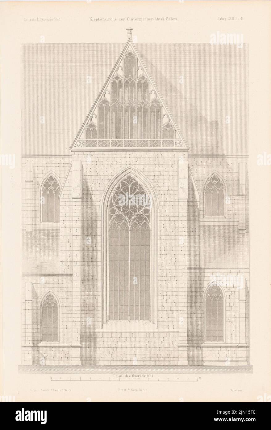 Lang & Warth, chiesa del monastero dell'Abbazia cistercense, Salem. (Da: Atlas alla rivista for Building, ed. V. G. Erbkam, nata il 23, 1873.) (1873-1873): Dettaglio del transetto. Cucire su carta, 44,2 x 29,9 cm (compresi i bordi di scansione) Lang & Warth : Klosterkirche der Zisterzienserabtei, Salem. (Aus: Atlas zur Zeitschrift für Bauwesen, hrsg. v. G. Erbkam, Jg. 23, 1873) Foto Stock