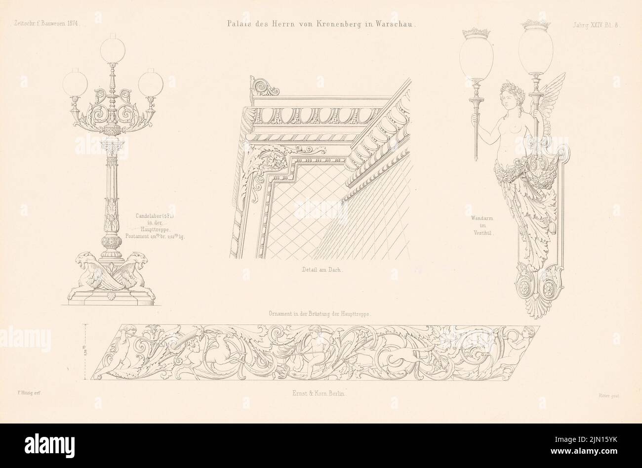 Hitzig Friedrich (1811-1881), Palais Kronenberg, Varsavia. (Da: Atlas alla rivista for Building, ed. V. G. Erbkam, Jg. 24, 1874.) (1874-1874): Dettagli. Cucire su carta, 28,4 x 43 cm (compresi i bordi di scansione) Hitzig Friedrich (1811-1881): Palais Kronenberg, Warschau. (Aus: Atlas zur Zeitschrift für Bauwesen, hrsg. v. G. Erbkam, Jg. 24, 1874) Foto Stock