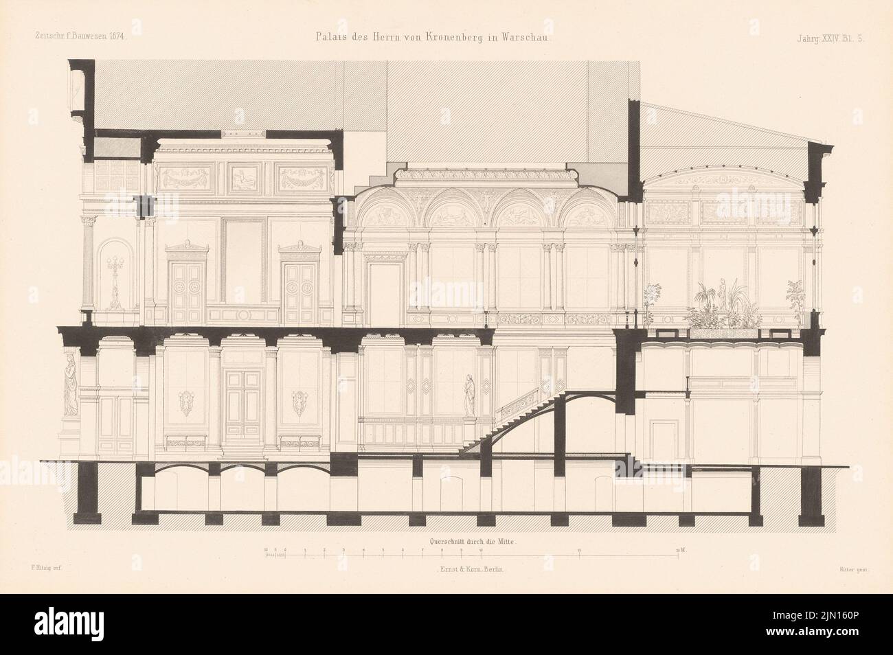 Hitzig Friedrich (1811-1881), Palais Kronenberg, Varsavia. (Da: Atlas alla rivista for Building, ed. V. G. Erbkam, Jg. 24, 1874.) (1874-1874): sezione trasversale. Cucire su carta, 28,7 x 43,2 cm (compresi i bordi di scansione) Hitzig Friedrich (1811-1881): Palais Kronenberg, Warschau. (Aus: Atlas zur Zeitschrift für Bauwesen, hrsg. v. G. Erbkam, Jg. 24, 1874) Foto Stock