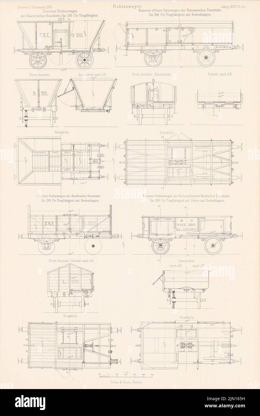 N.N., Calumed car. (Da: Atlas alla rivista for Building, ed. V. G. Erbkam, Jg. 24, 1874.) (1874-1874): planimetrie, viste, tagli. Cucire su carta, 43,4 x 29 cm (compresi i bordi di scansione) N. : Kohlenwagen. (Aus: Atlas zur Zeitschrift für Bauwesen, hrsg. v. G. Erbkam, Jg. 24, 1874) Foto Stock